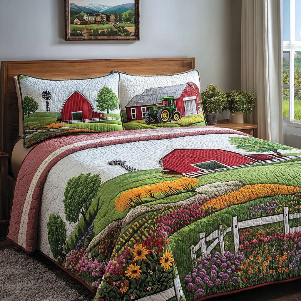 Countryside Glow quilted 3-piece bedding set on a made bed in a farmhouse bedroom