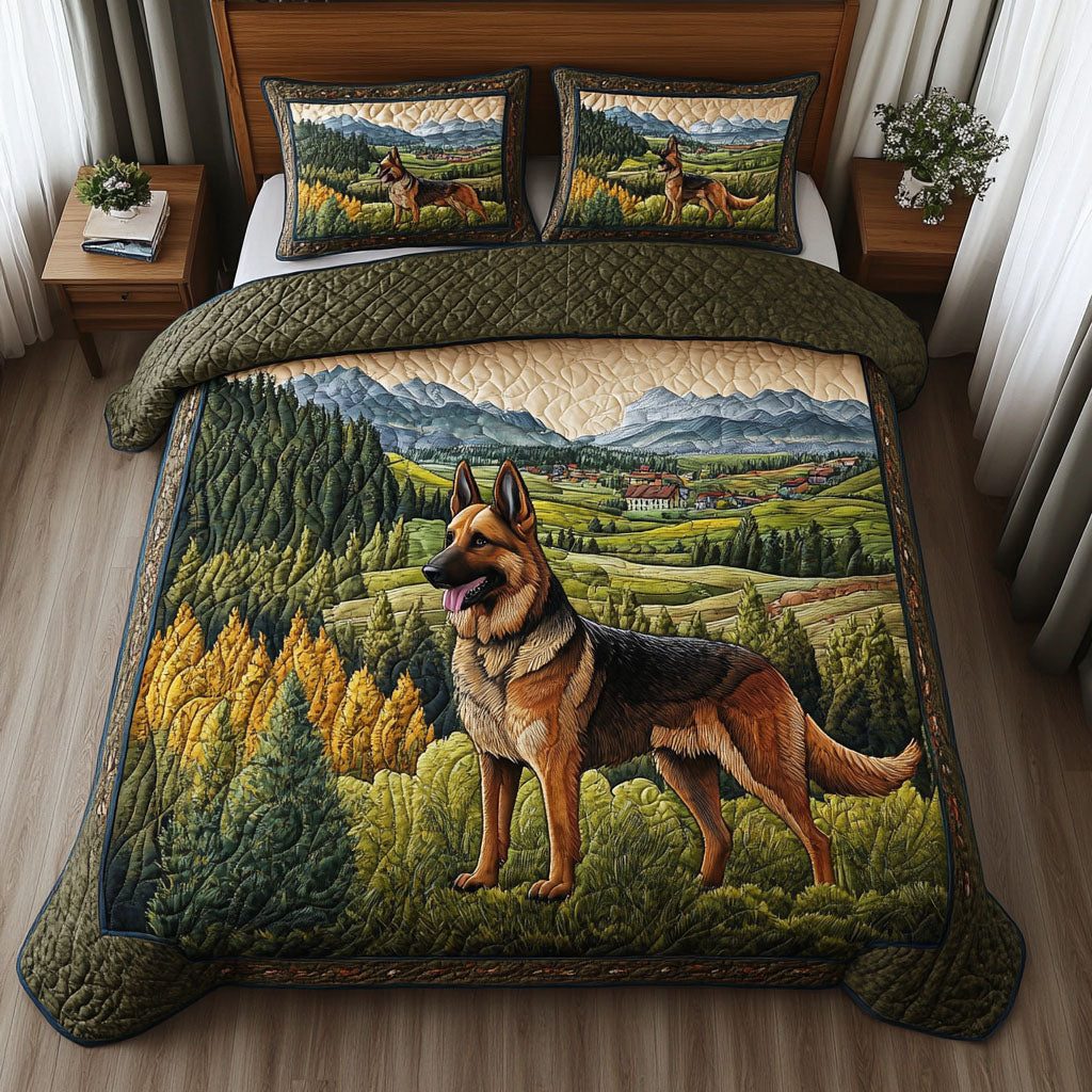Countryside Hero quilted 3-piece bedding set on a made bed in a farmhouse bedroom