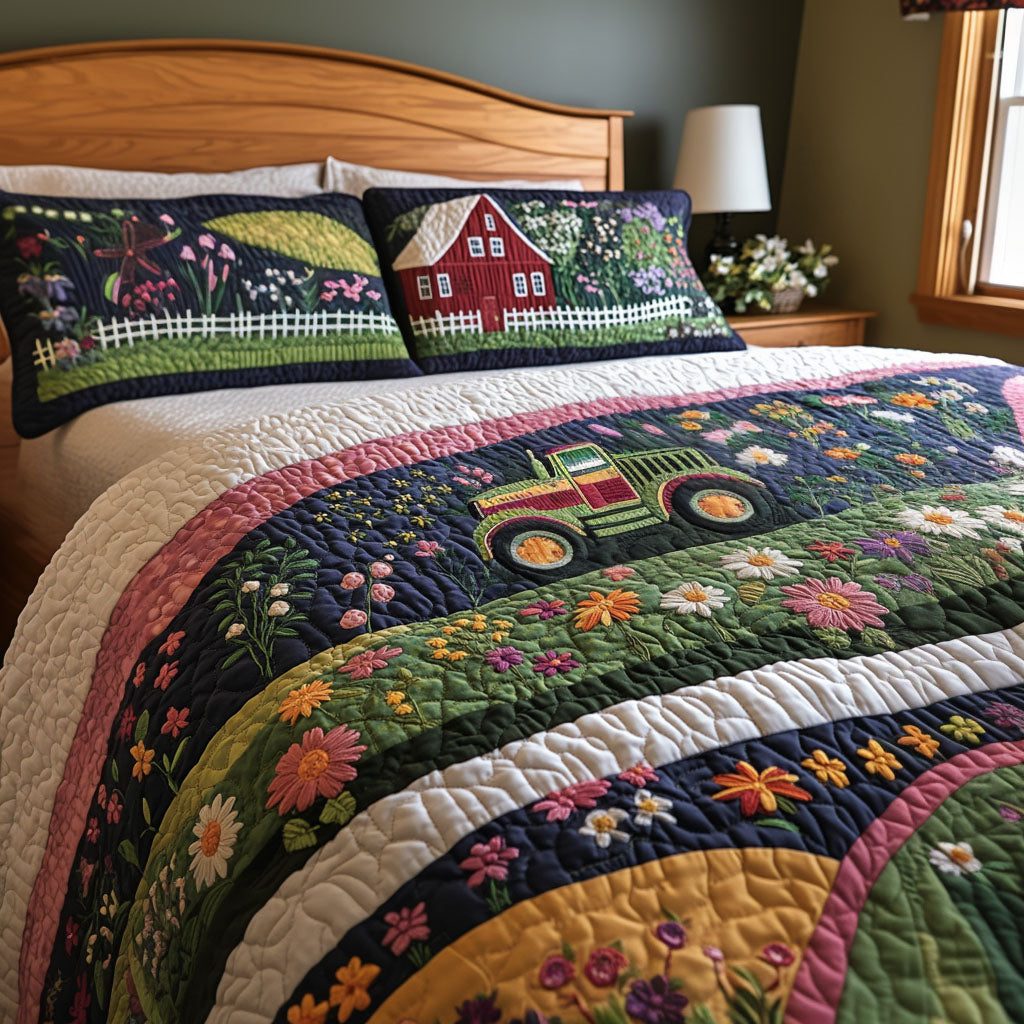 Countryside Wonder quilted 3-piece bedding set on a made bed in a farmhouse bedroom