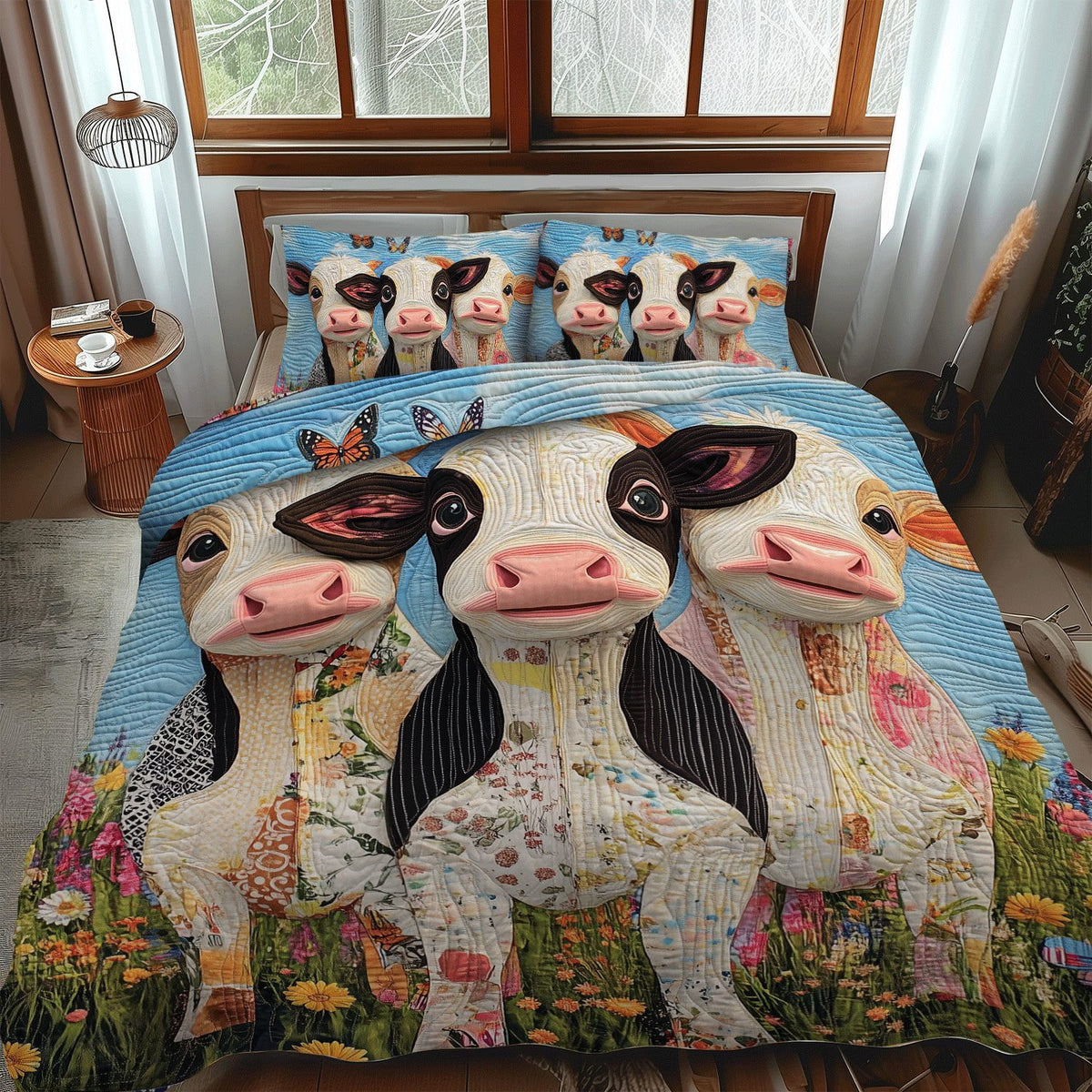 Cow Cuddles quilted 3-piece bedding set on a made bed with two matching pillow shams