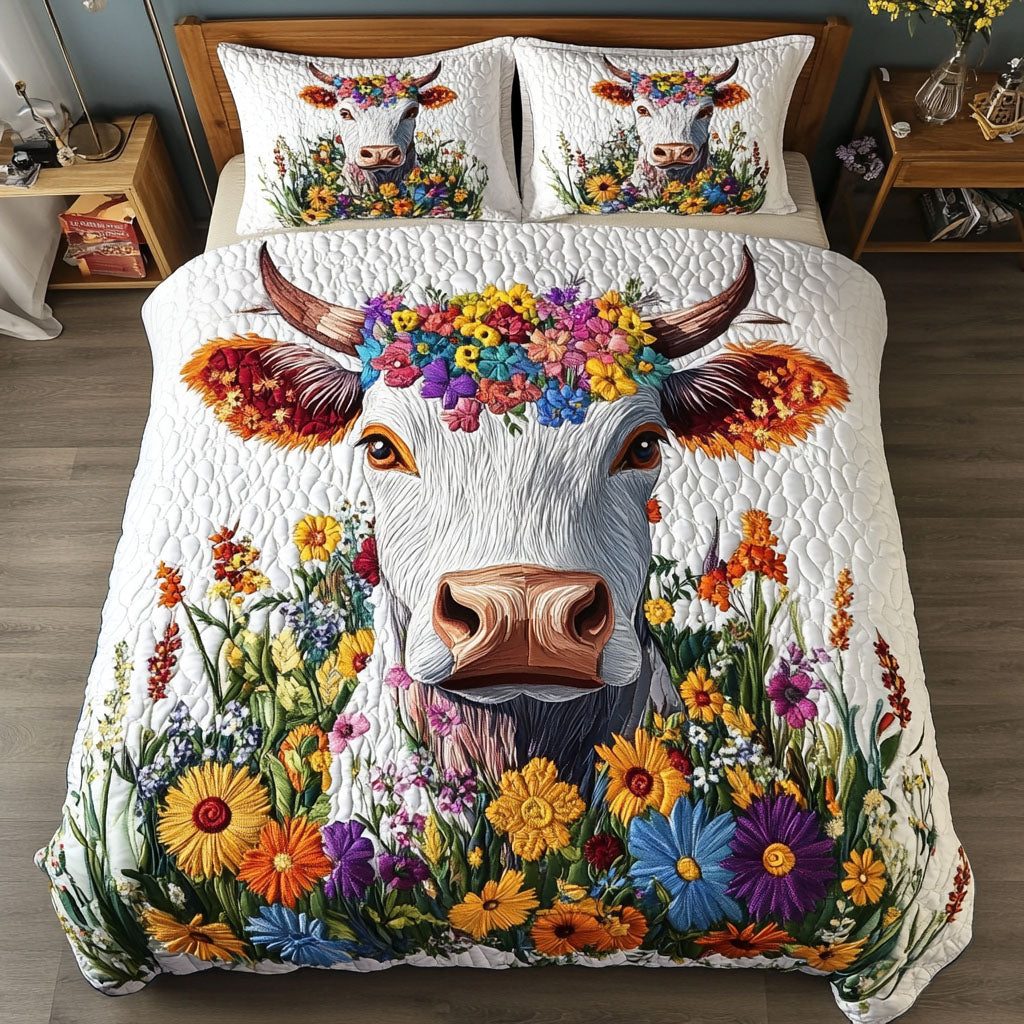 Cow Enchantment quilted 3-piece bedding set on a made bed with two matching pillow shams