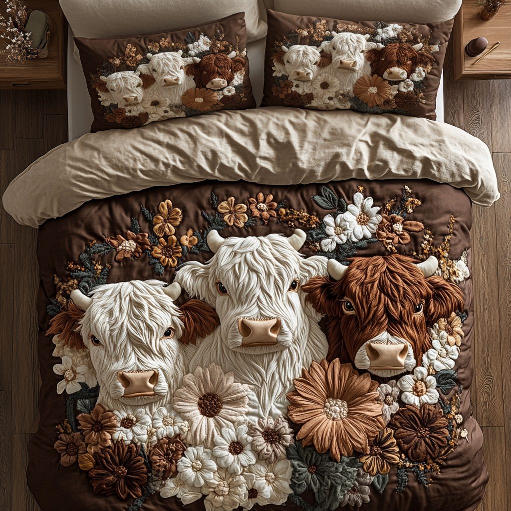 Cow Whimsy quilted 3-piece bedding set on a made bed with two matching pillow shams