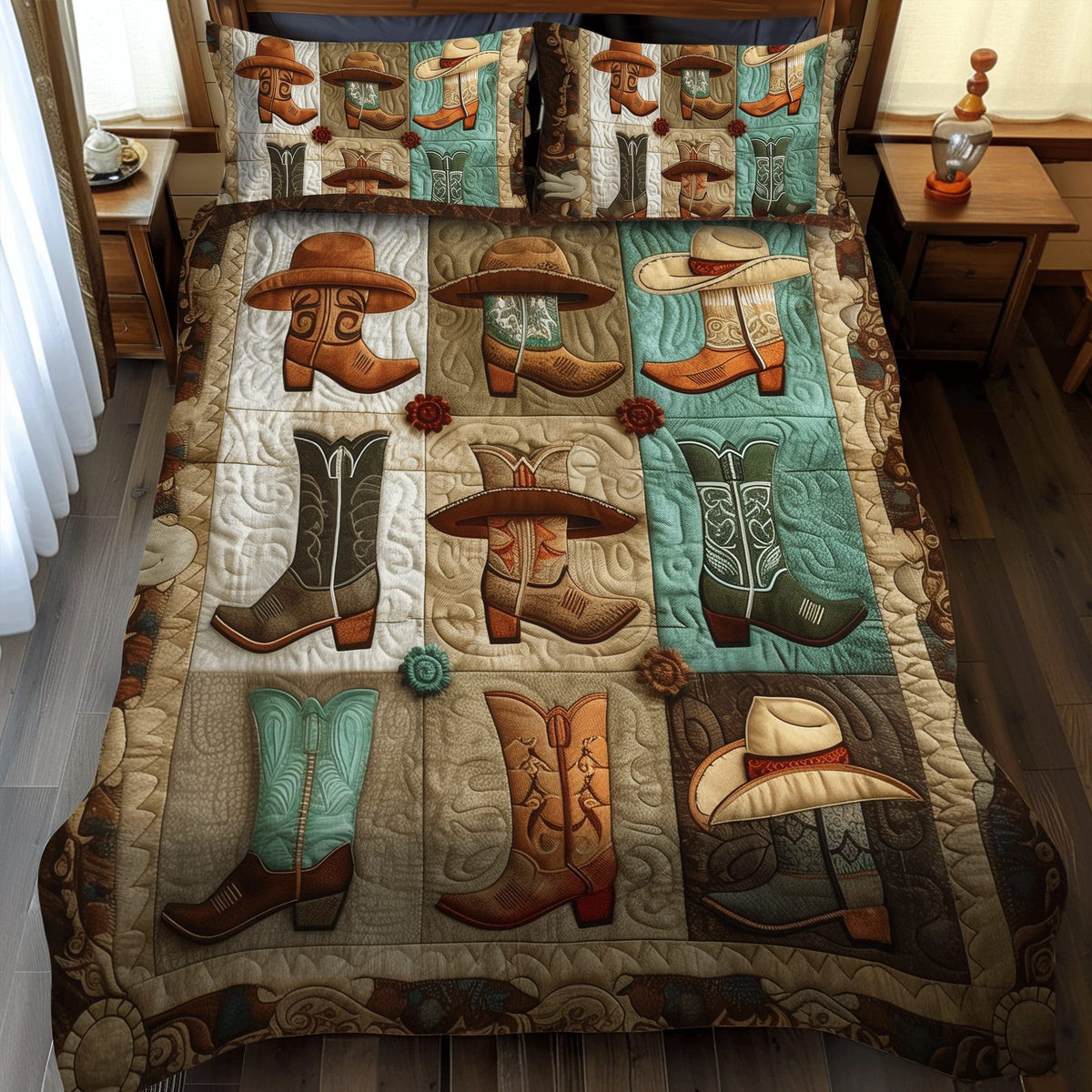 Cowboy Boot Chronicles quilted 3-piece bedding set on a made bed in a rustic timber bedroom