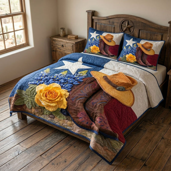 Cowboy Boots quilted 3-piece bedding set on a made bed in a rustic timber bedroom