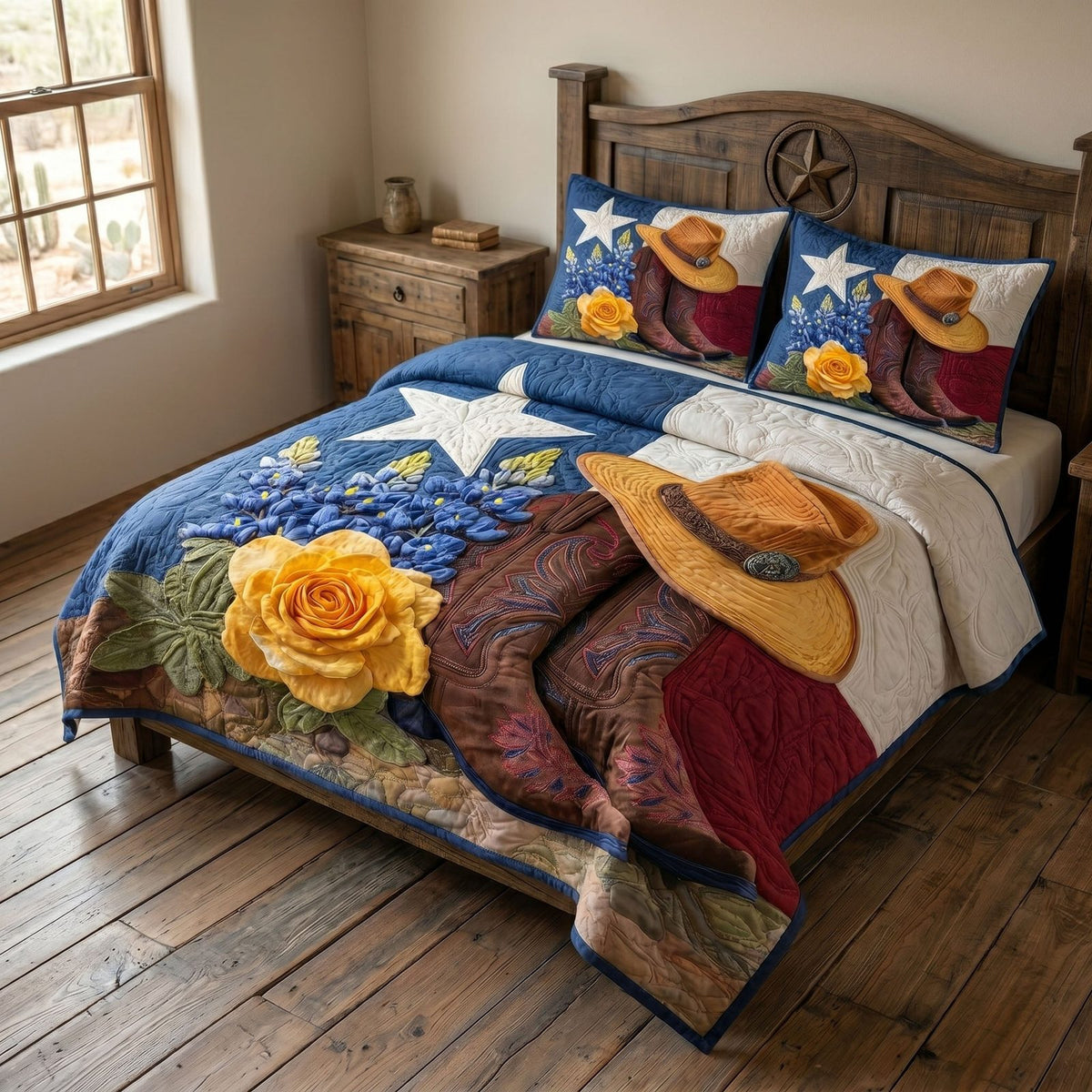 Cowboy Boots quilted 3-piece bedding set on a made bed in a rustic timber bedroom