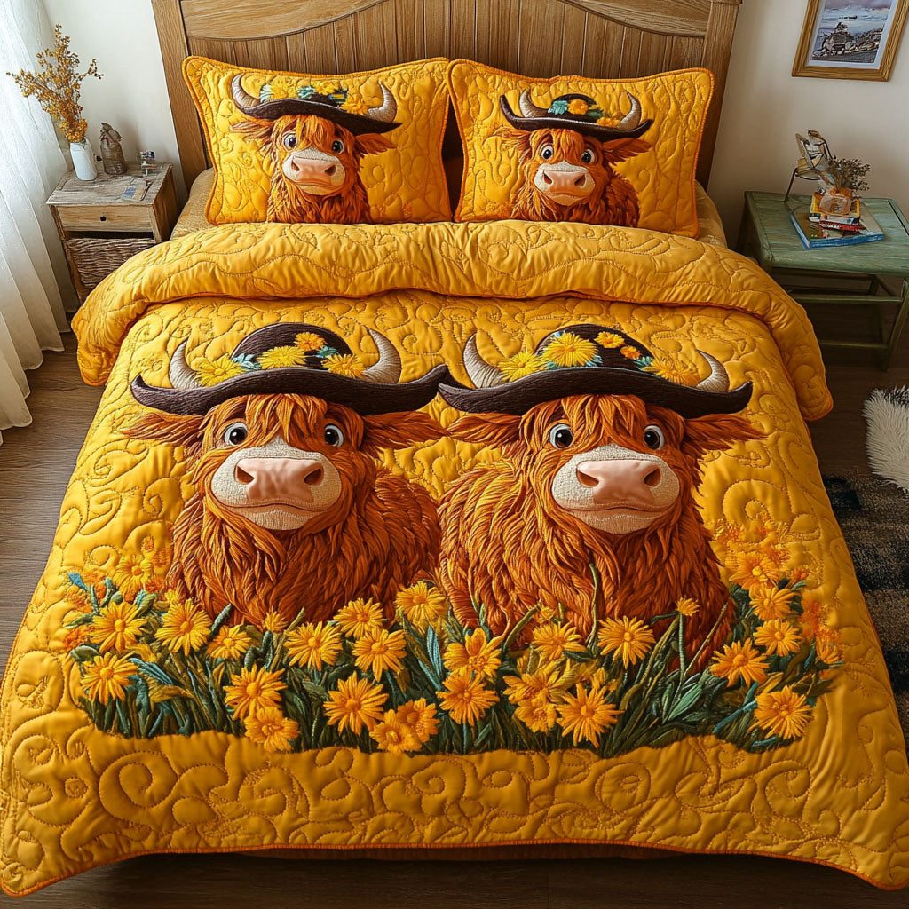 Cowboy Calves quilted 3-piece bedding set on a made bed in a rustic timber bedroom