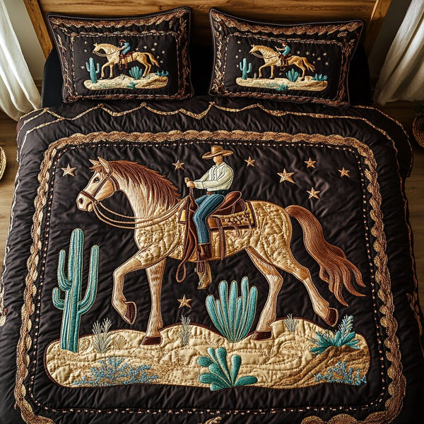 Cowboy Comfort quilted 3-piece bedding set on a made bed in a rustic timber bedroom