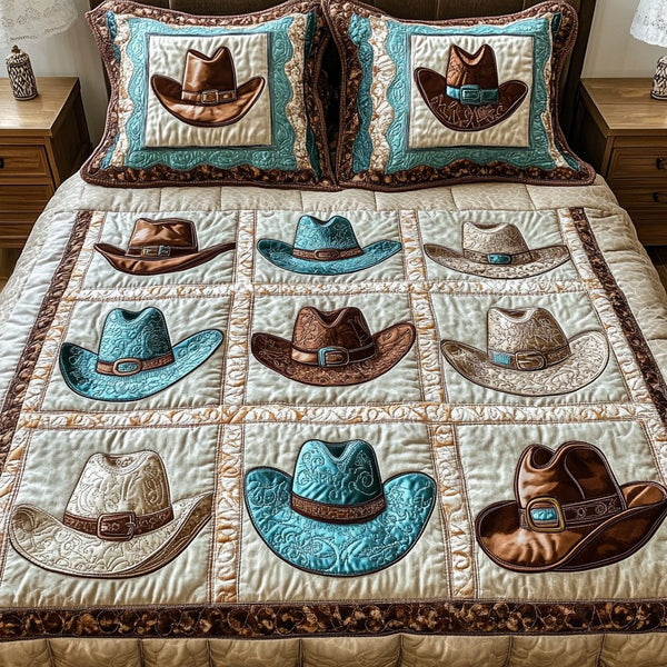 Cowboy Country quilted 3-piece bedding set on a made bed in a rustic timber bedroom