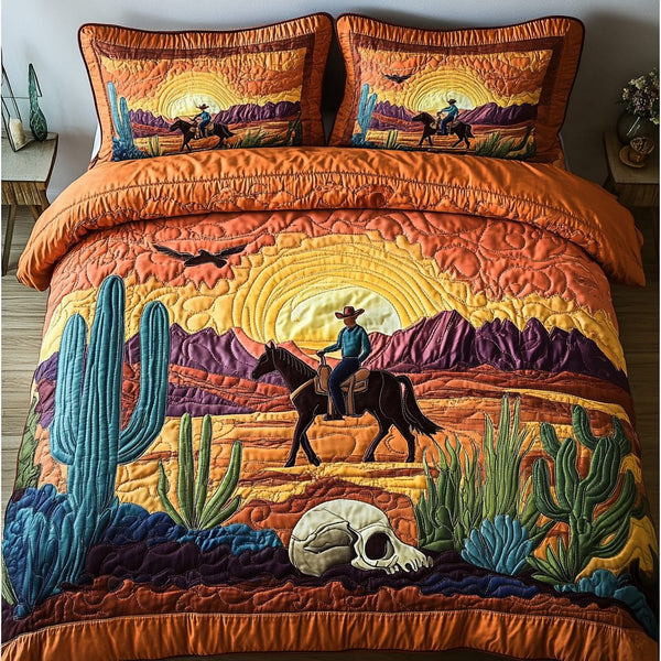Cowboy Dream quilted 3-piece bedding set on a made bed in a rustic timber bedroom
