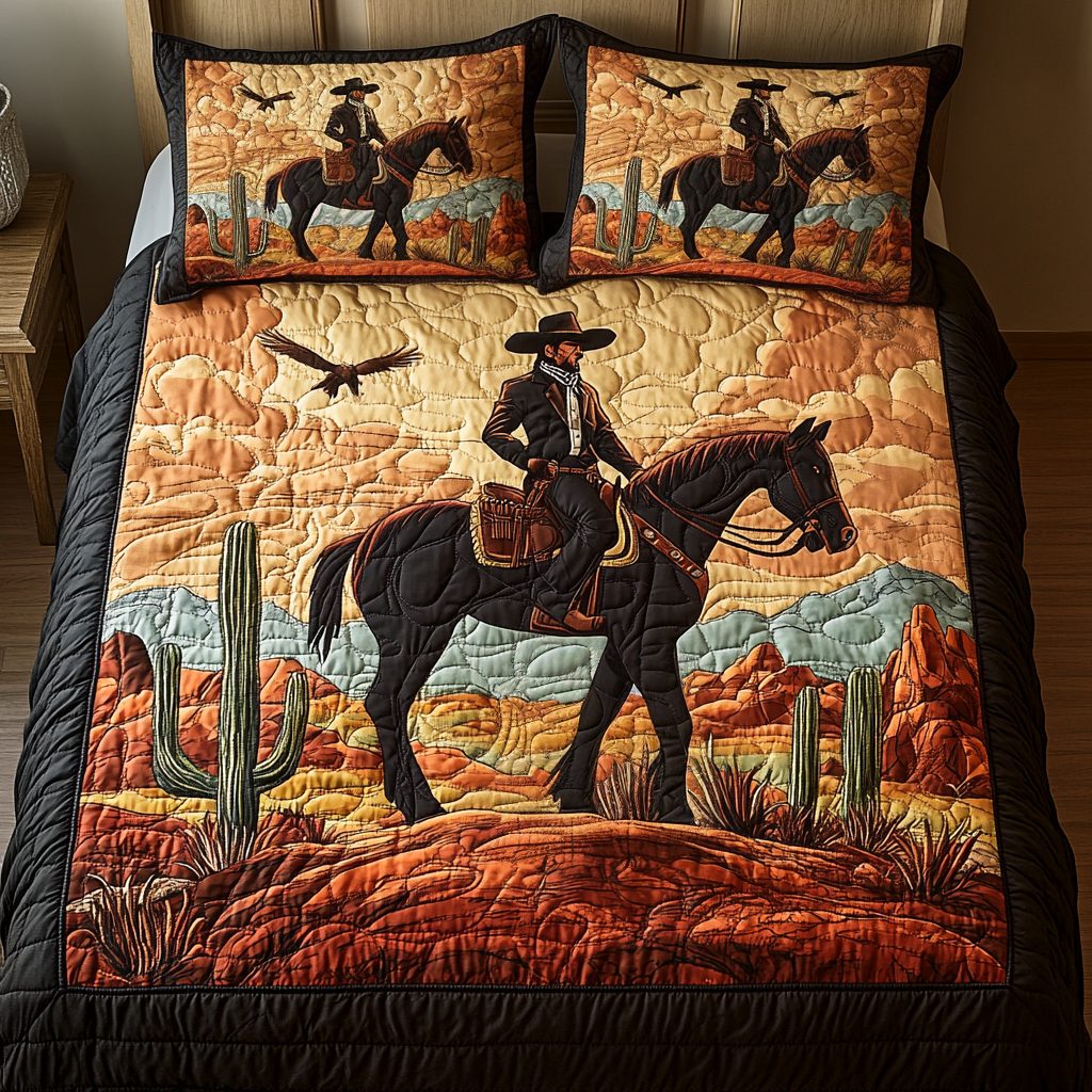 Cowboy Dusk quilted 3-piece bedding set on a made bed in a rustic timber bedroom