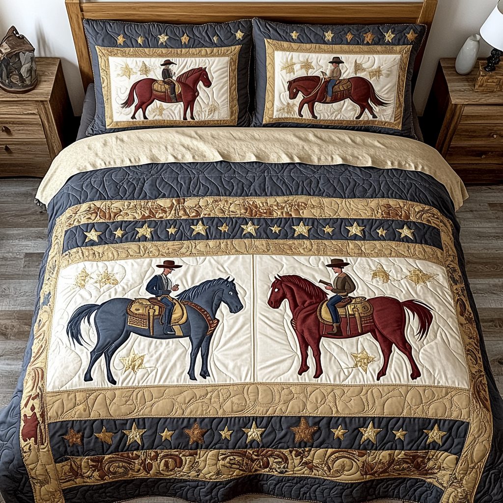 Cowboy Elegance quilted 3-piece bedding set on a made bed in a rustic timber bedroom