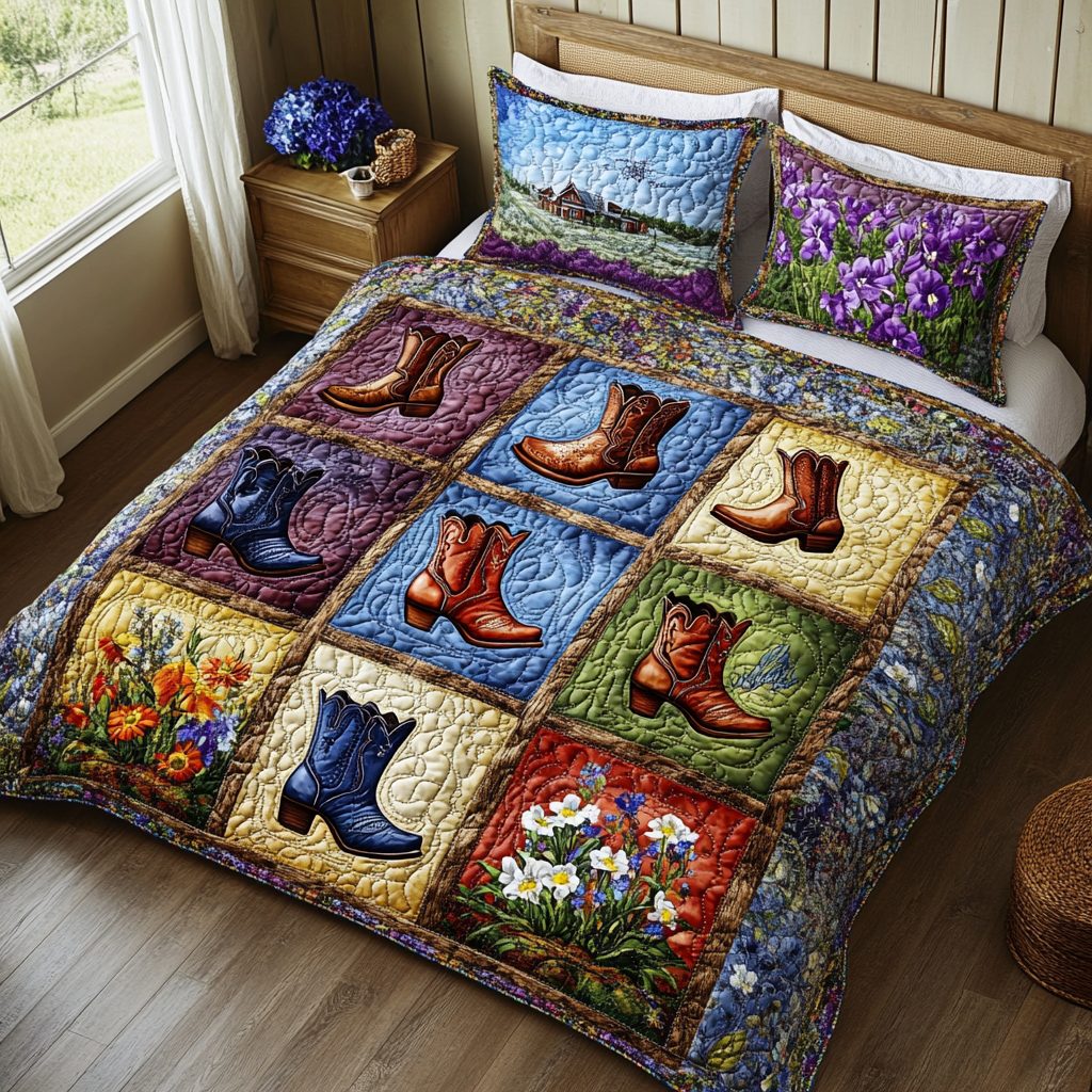 Cowboy Essence quilted 3-piece bedding set on a made bed in a rustic timber bedroom