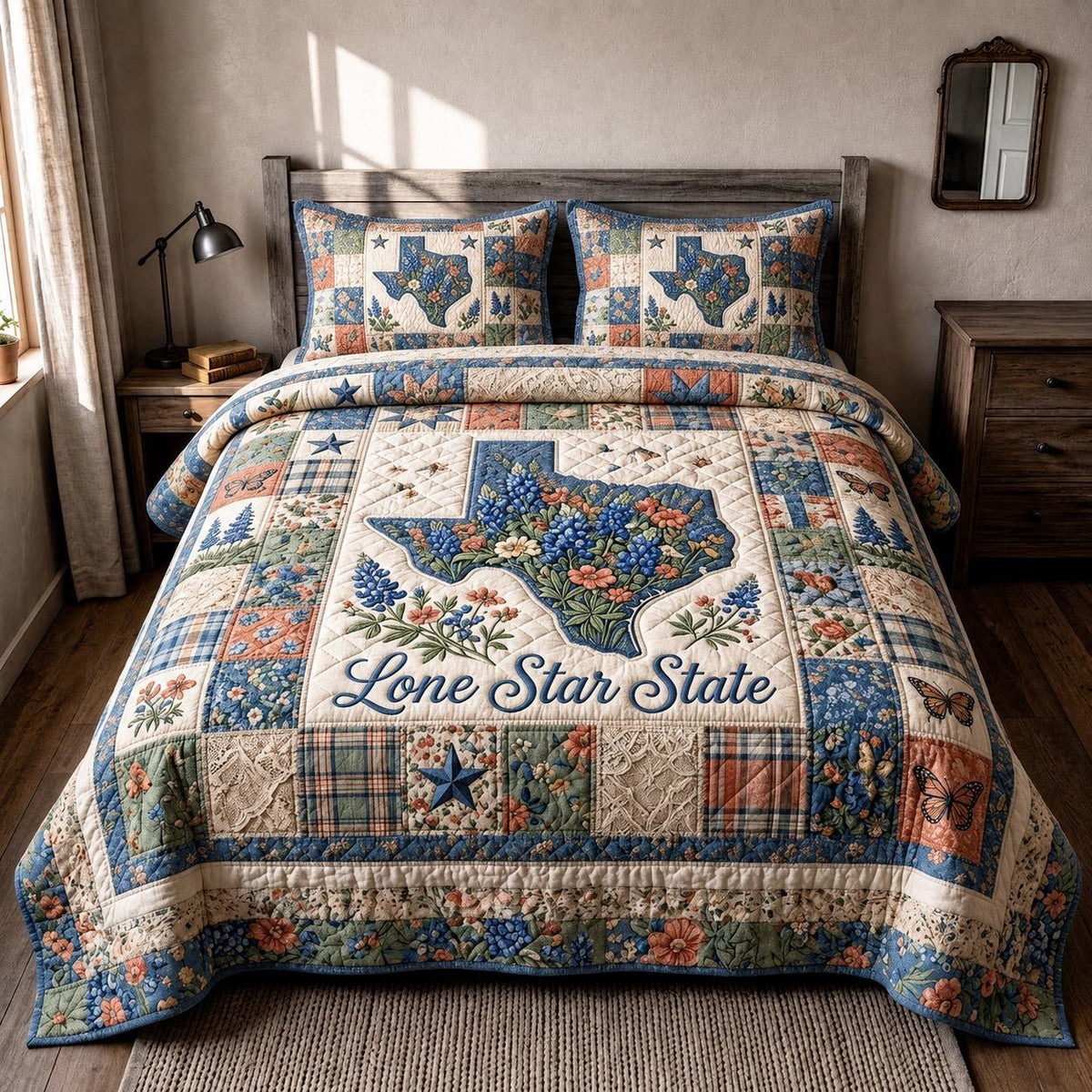 Cowboy Legacy quilted 3-piece bedding set on a made bed in a rustic timber bedroom