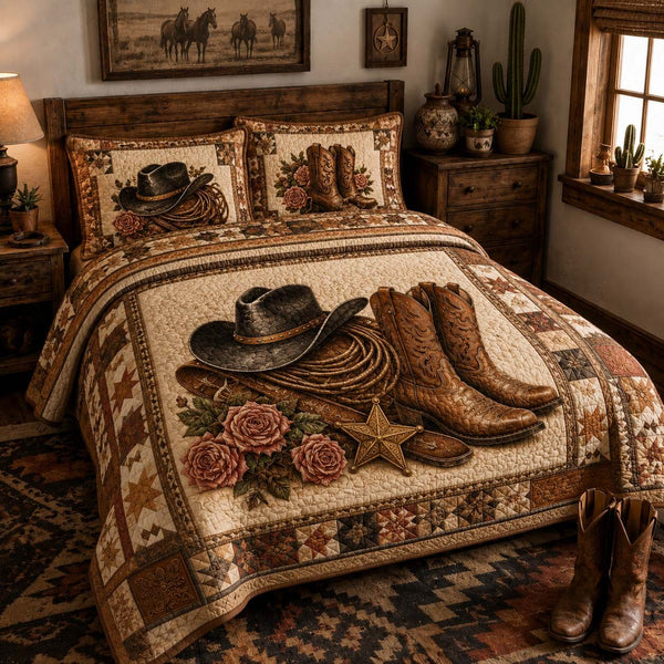 Cowboy Legacy quilted 3-piece bedding set on a made bed in a rustic timber bedroom