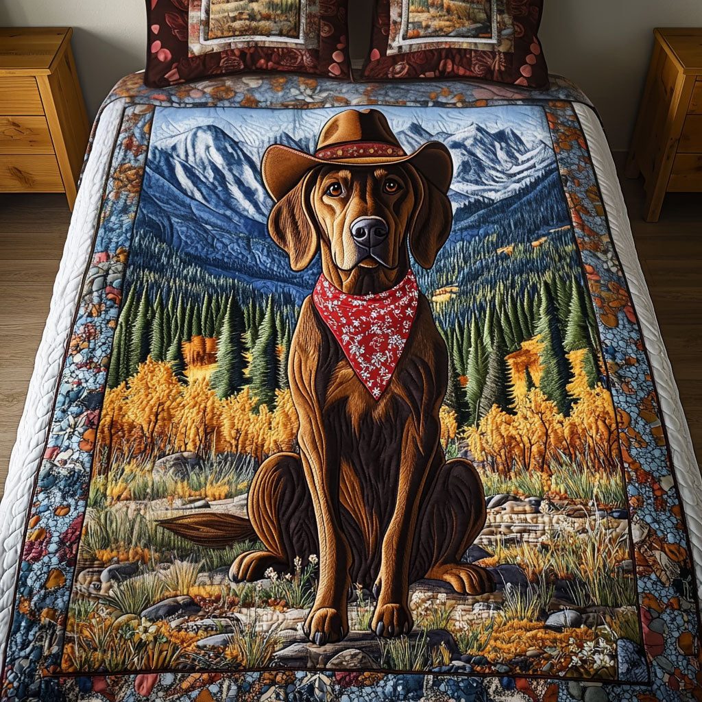 Cowboy Pointer quilted 3-piece bedding set on a made bed in a rustic timber bedroom