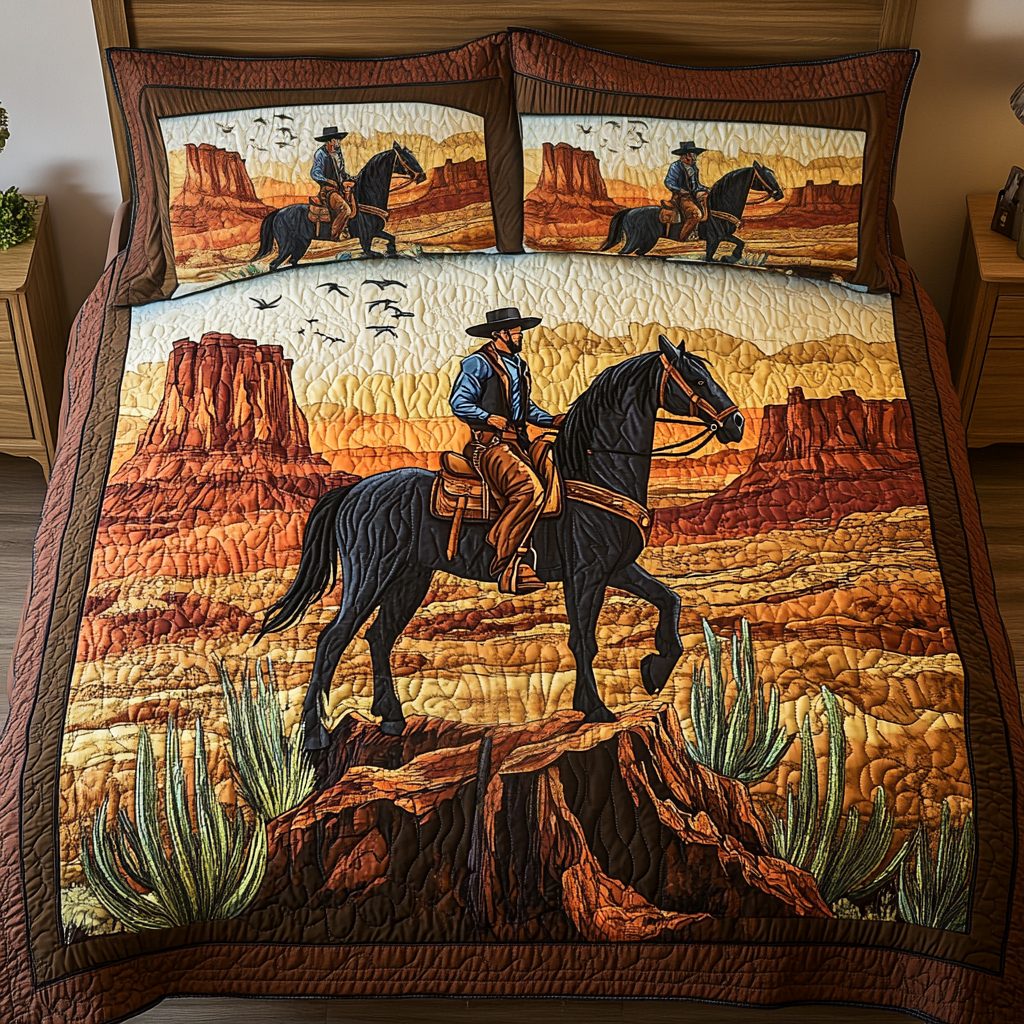 Cowboy Ride quilted 3-piece bedding set on a made bed in a rustic timber bedroom