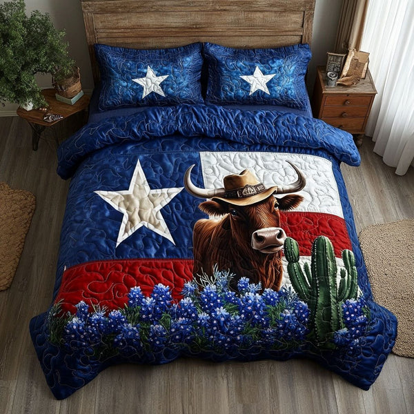 Cowboy Soul quilted 3-piece bedding set on a made bed in a rustic timber bedroom