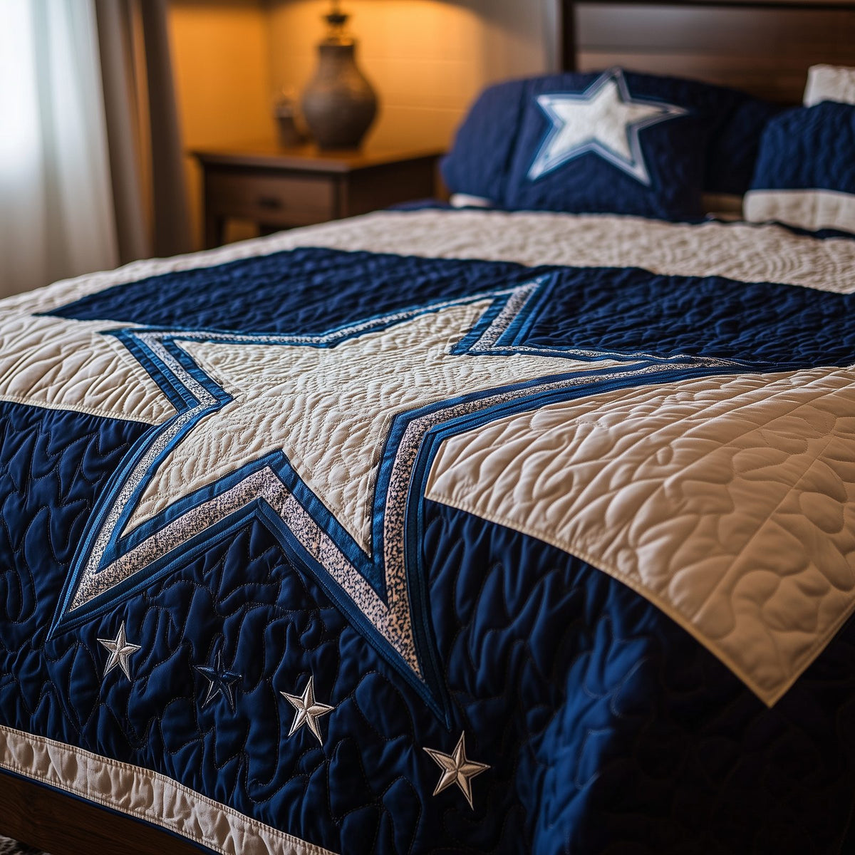 Cowboy Star quilted 3-piece bedding set on a made bed in a rustic timber bedroom