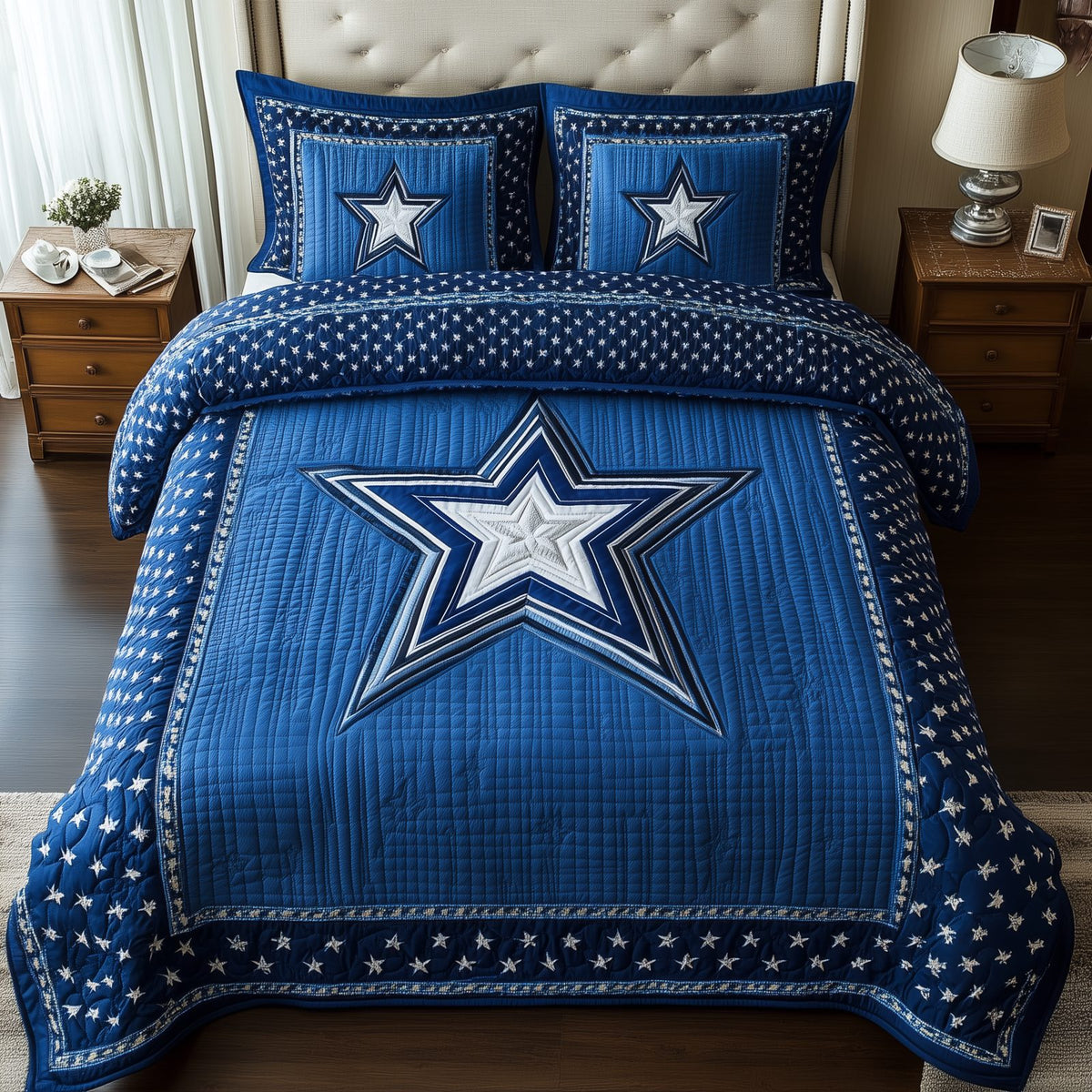 Cowboy Star quilted 3-piece bedding set on a made bed in a rustic timber bedroom