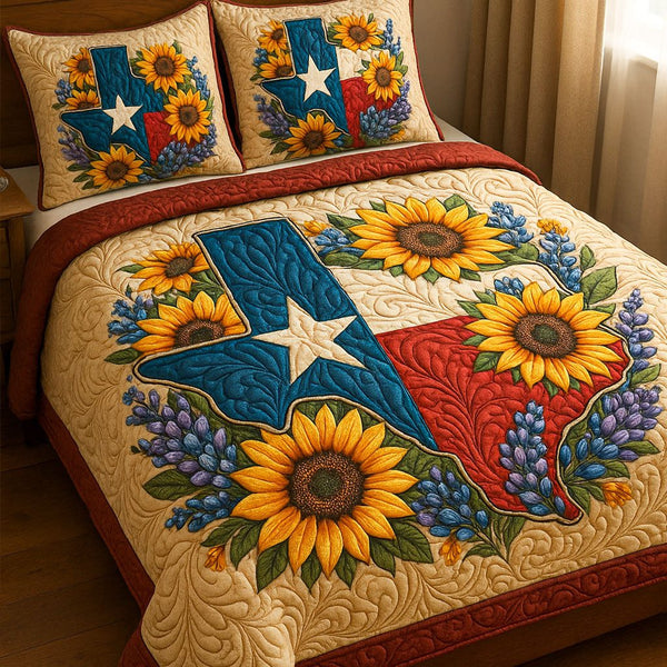 Cowboy State quilted 3-piece bedding set on a made bed in a rustic timber bedroom