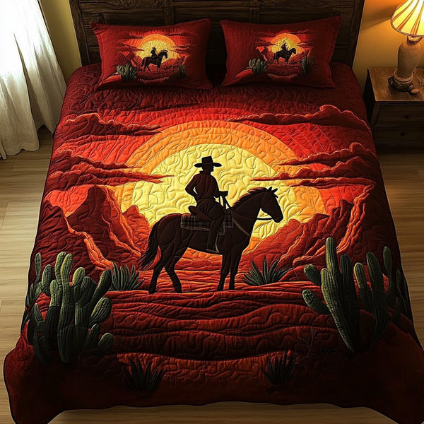 Cowboy Trail quilted 3-piece bedding set on a made bed in a rustic timber bedroom