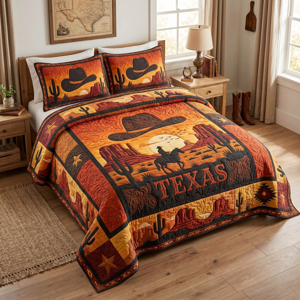 Cowboy Trails quilted 3-piece bedding set on a made bed in a rustic timber bedroom