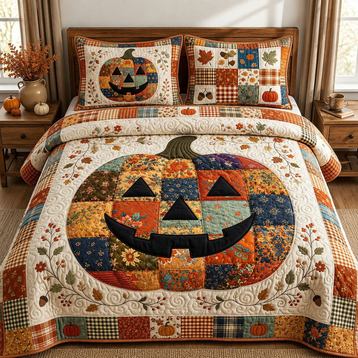 Cozy Autumn Pumpkin quilted 3-piece bedding set on a made bed against a dark styled interior
