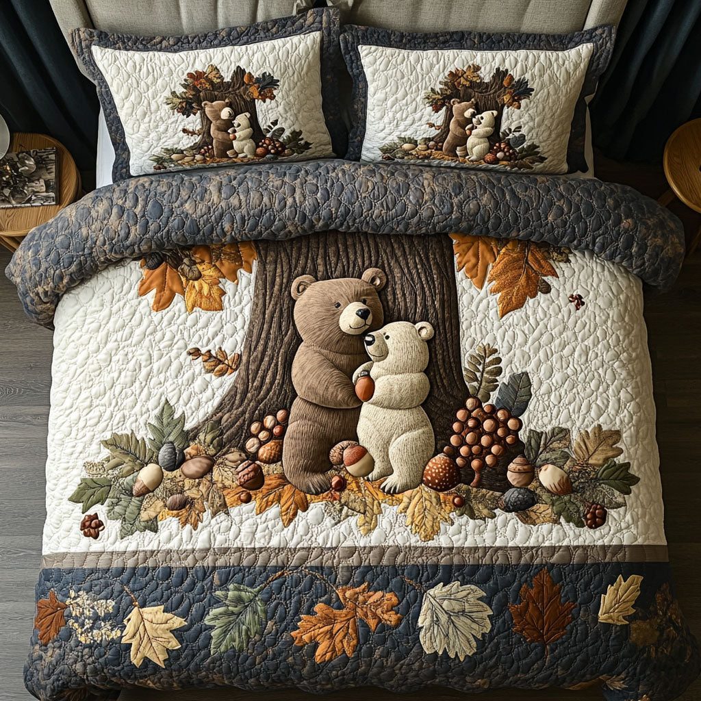 Cozy Bear Days quilted 3-piece bedding set on a made bed with two matching pillow shams