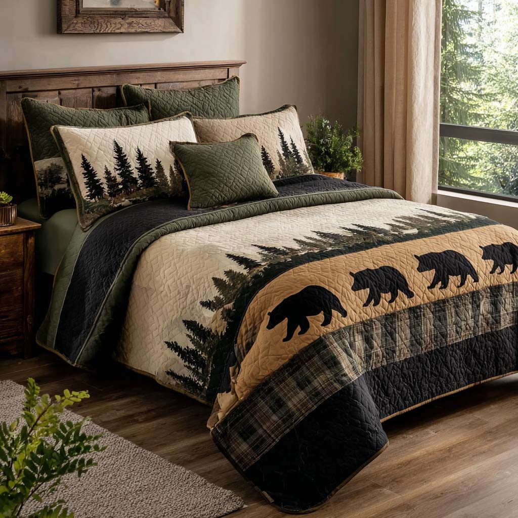 Cozy Bear quilted 3-piece bedding set on a made bed with two matching pillow shams