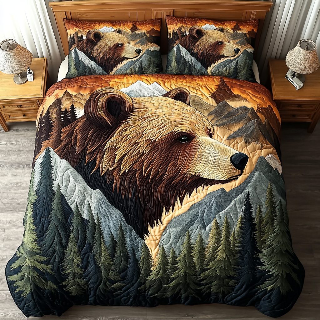 Cozy Bear quilted 3-piece bedding set on a made bed with two matching pillow shams