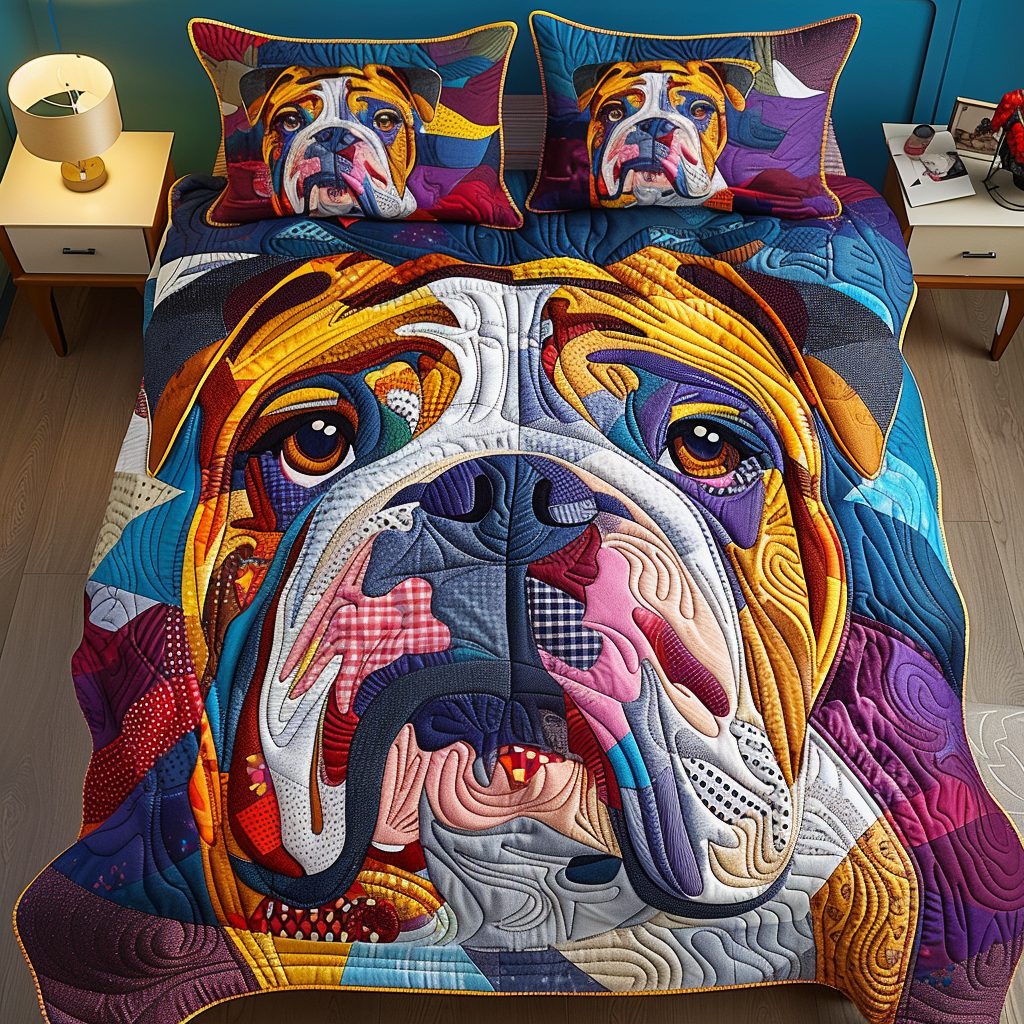 Cozy Bulldog Charm quilted 3-piece bedding set on a made bed with two matching pillow shams
