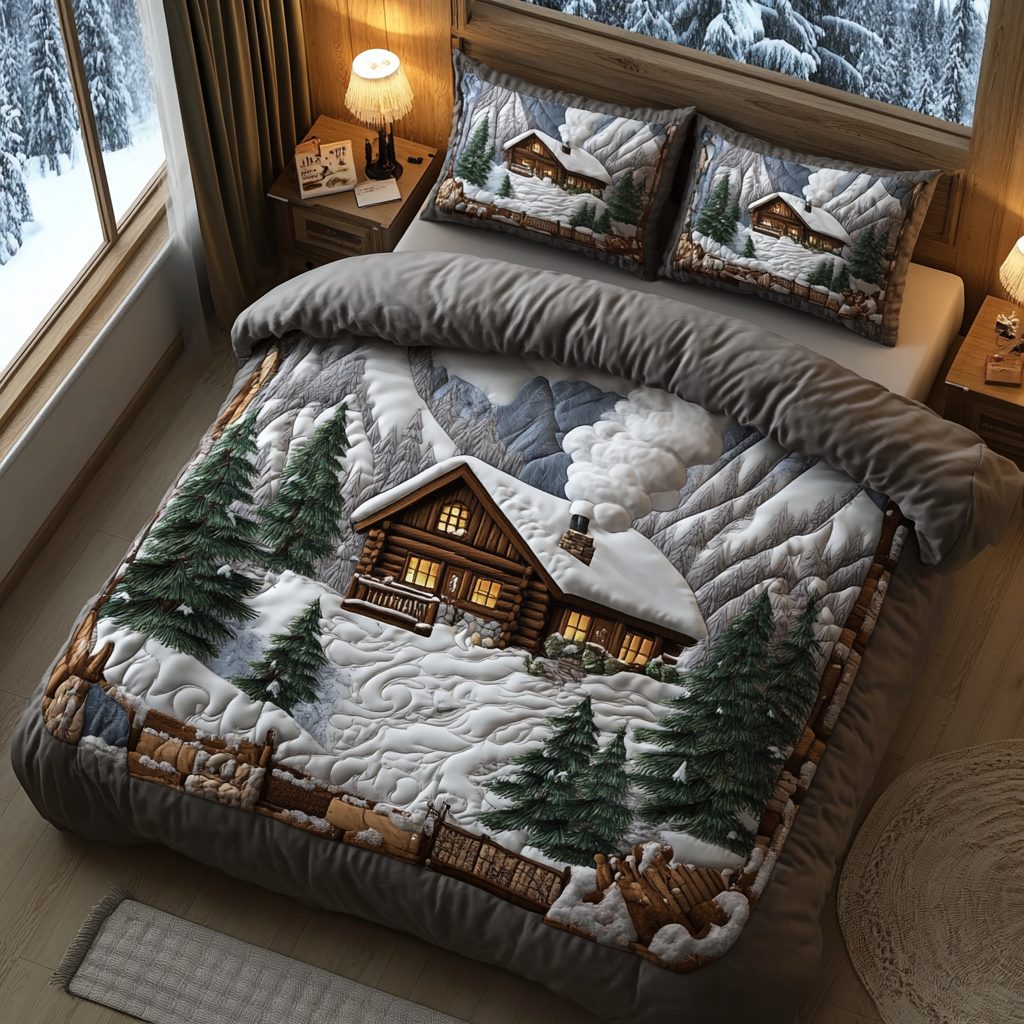 Cozy Cabin Charm quilted 3-piece bedding set on a made bed with two matching pillow shams