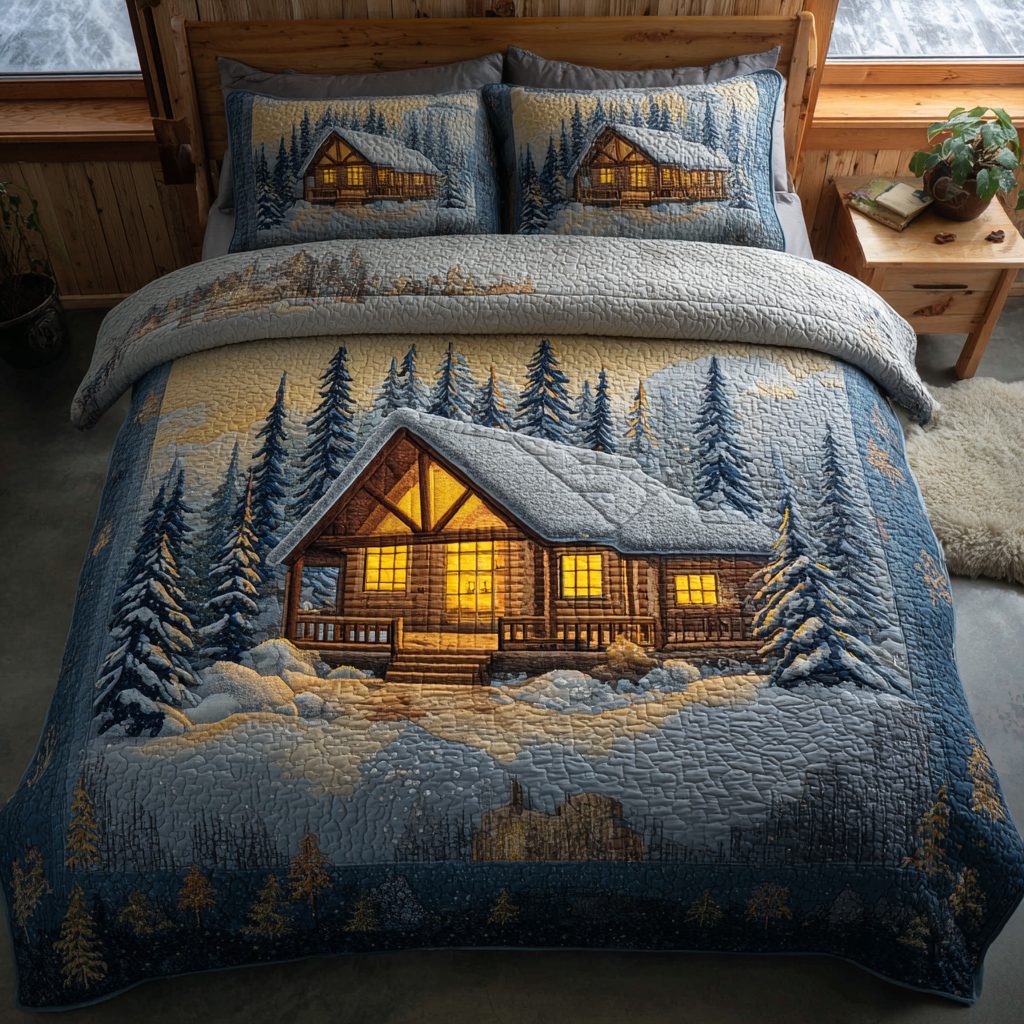 Cozy Cabin quilted 3-piece bedding set on a made bed with two matching pillow shams