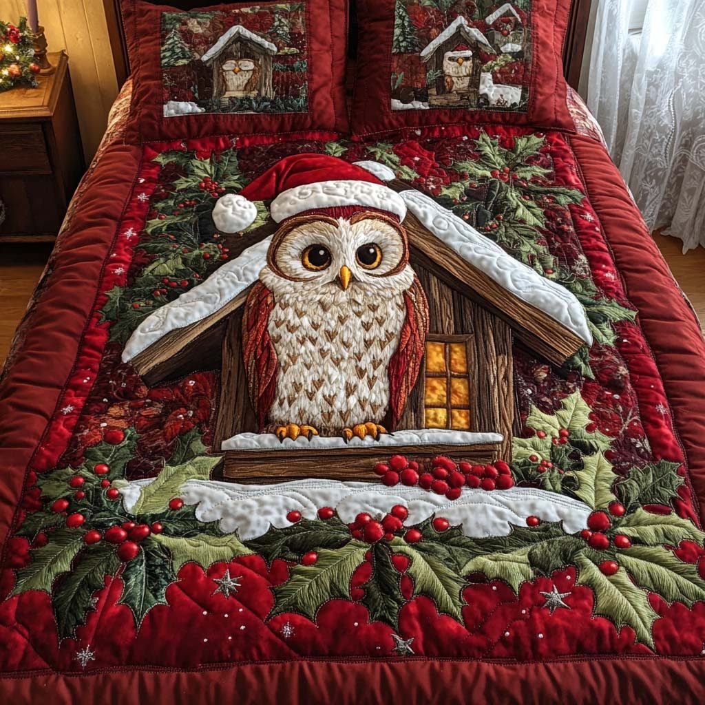 Cozy Cabin quilted 3-piece bedding set on a made bed with two matching pillow shams