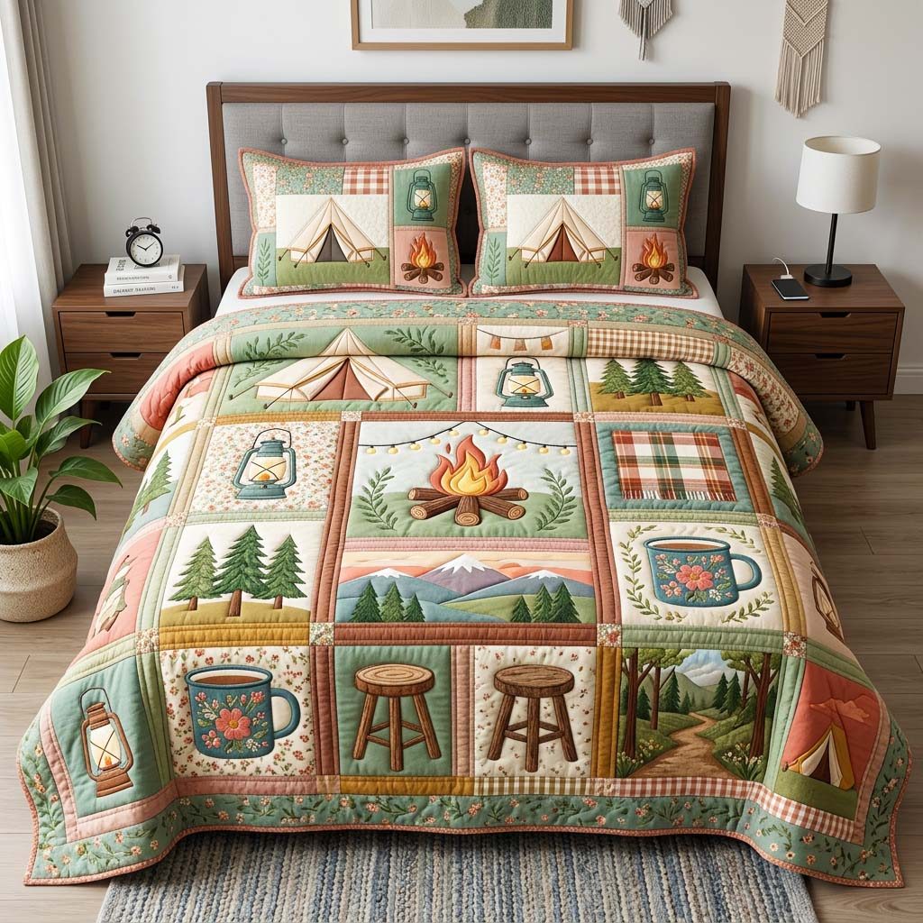 Cozy Camp quilted 3-piece bedding set on a made bed with two matching pillow shams