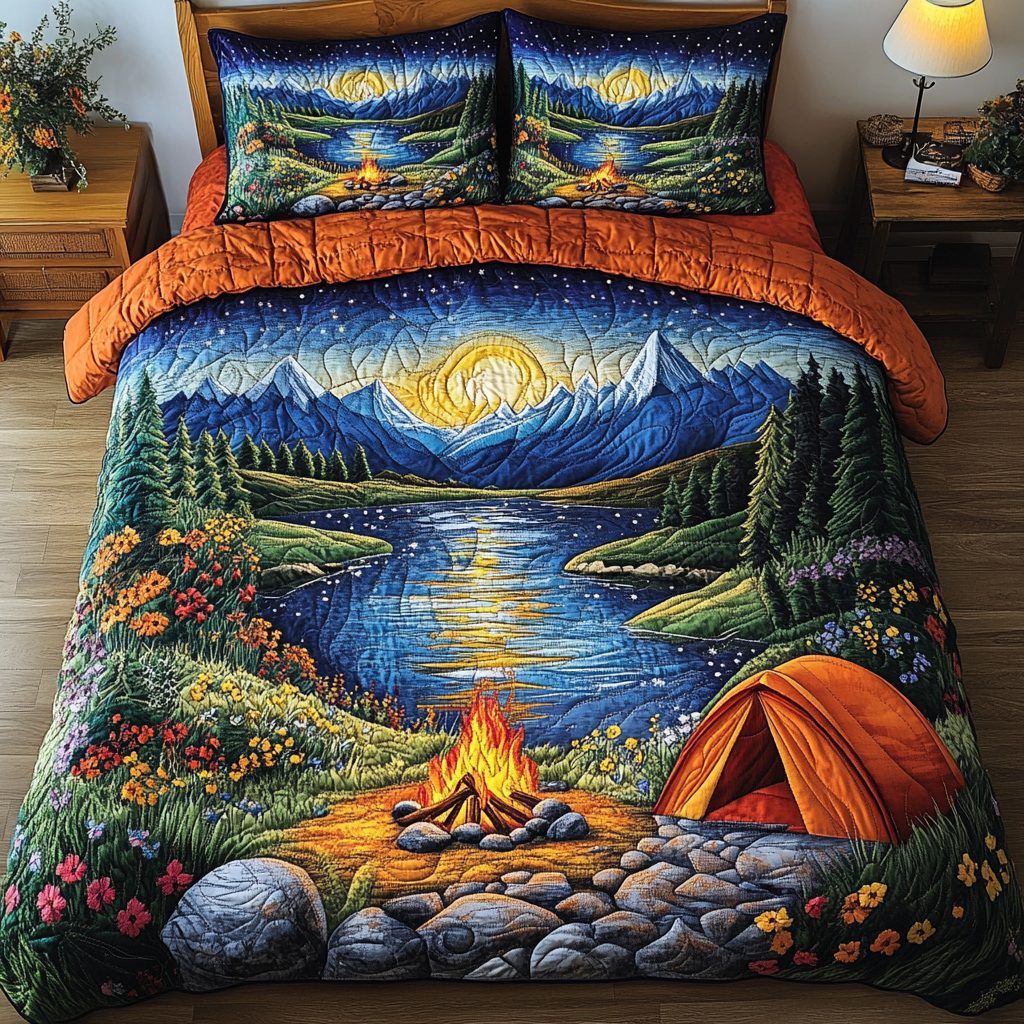 Cozy Camp quilted 3-piece bedding set on a made bed with two matching pillow shams