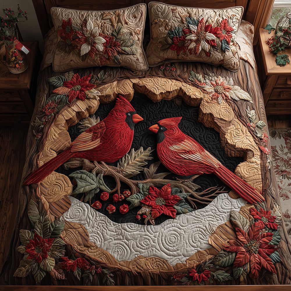 Cozy Cardinal Nest quilted 3-piece bedding set on a made bed with two matching pillow shams