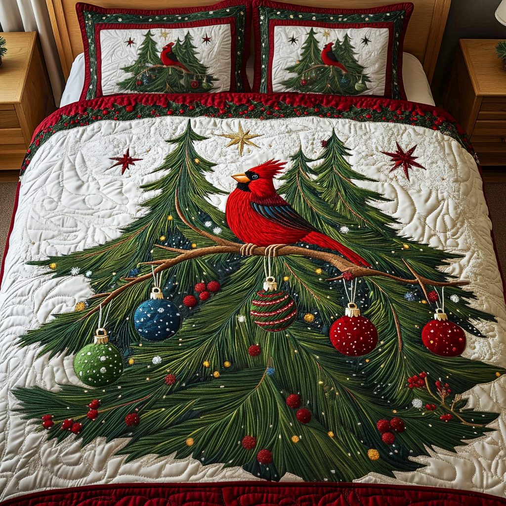 Cozy Cardinal quilted 3-piece bedding set on a made bed with two matching pillow shams