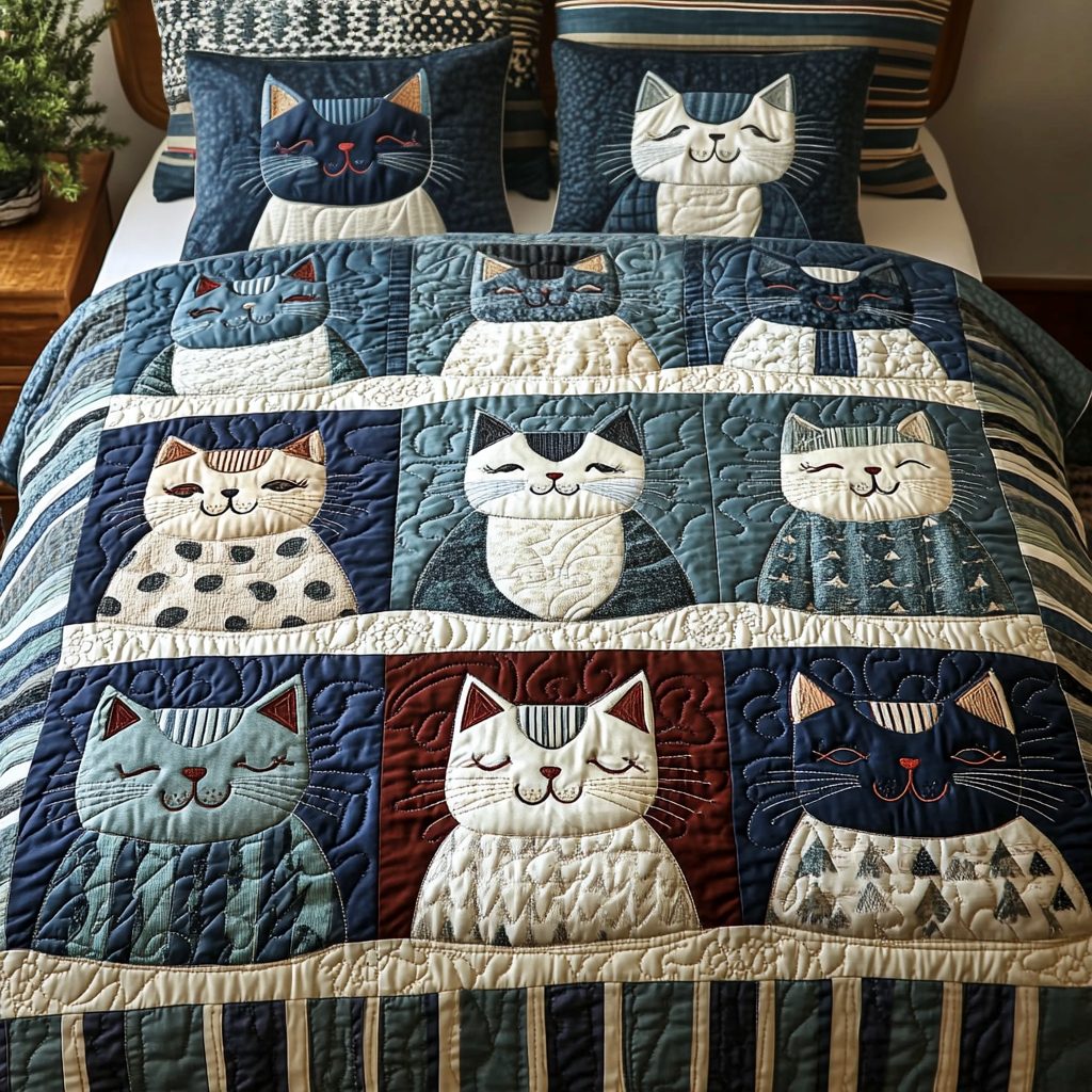 Cozy Cat Comet quilted 3-piece bedding set on a made bed with two matching pillow shams