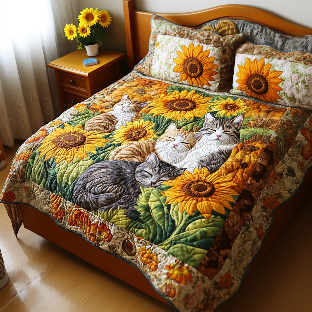 Cozy Cat Companions quilted 3-piece bedding set on a made bed with two matching pillow shams
