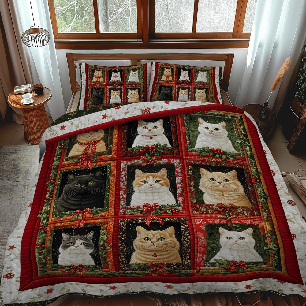 Cozy Cat quilted 3-piece bedding set on a made bed with two matching pillow shams