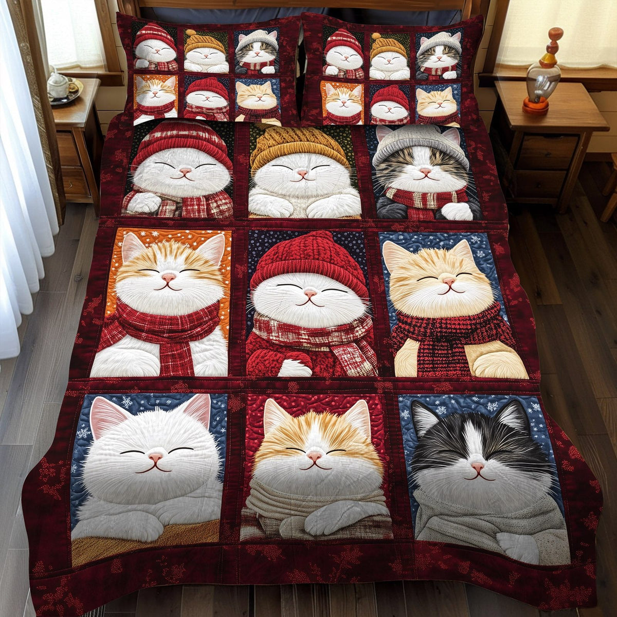 Cozy Cats quilted 3-piece bedding set on a made bed with two matching pillow shams