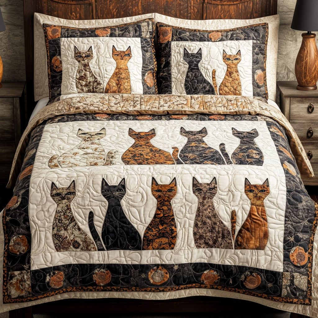 Cozy Cats quilted 3-piece bedding set on a made bed with two matching pillow shams