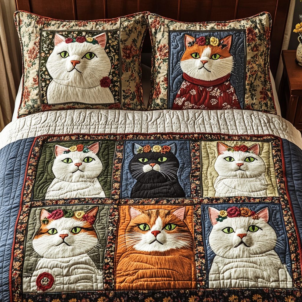 Cozy Cats quilted 3-piece bedding set on a made bed with two matching pillow shams