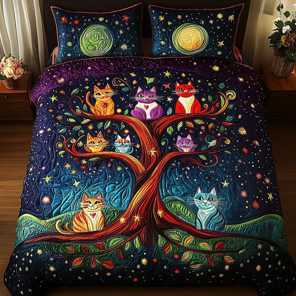 Cozy Cats quilted 3-piece bedding set on a made bed with two matching pillow shams