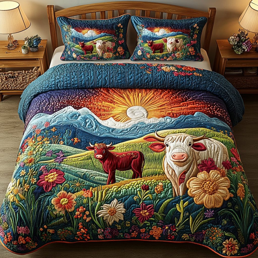 Cozy Cattle quilted 3-piece bedding set on a made bed in a rustic timber bedroom