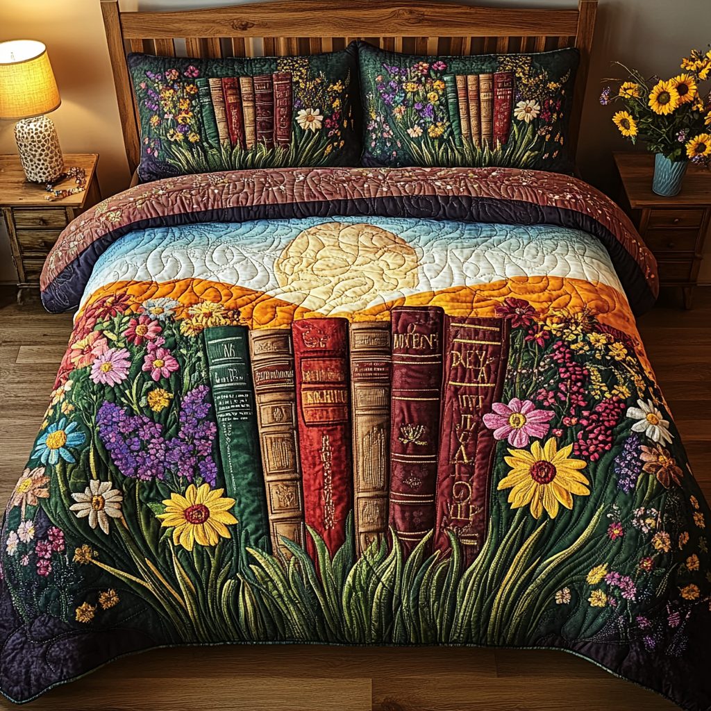 Cozy Chapters quilted 3-piece bedding set on a made bed with two matching pillow shams