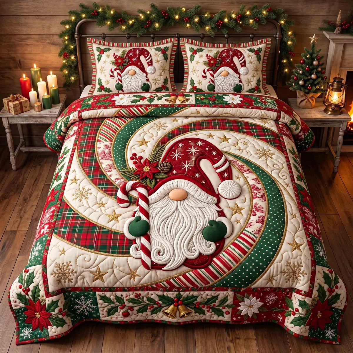 Cozy Christmas Gnome quilted 3-piece bedding set on a made bed in a winter-styled bedroom