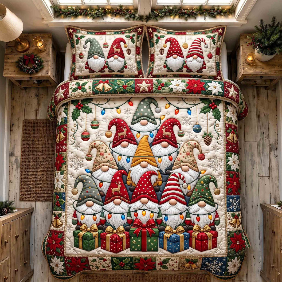 Cozy Christmas Gnome quilted 3-piece bedding set on a made bed in a winter-styled bedroom