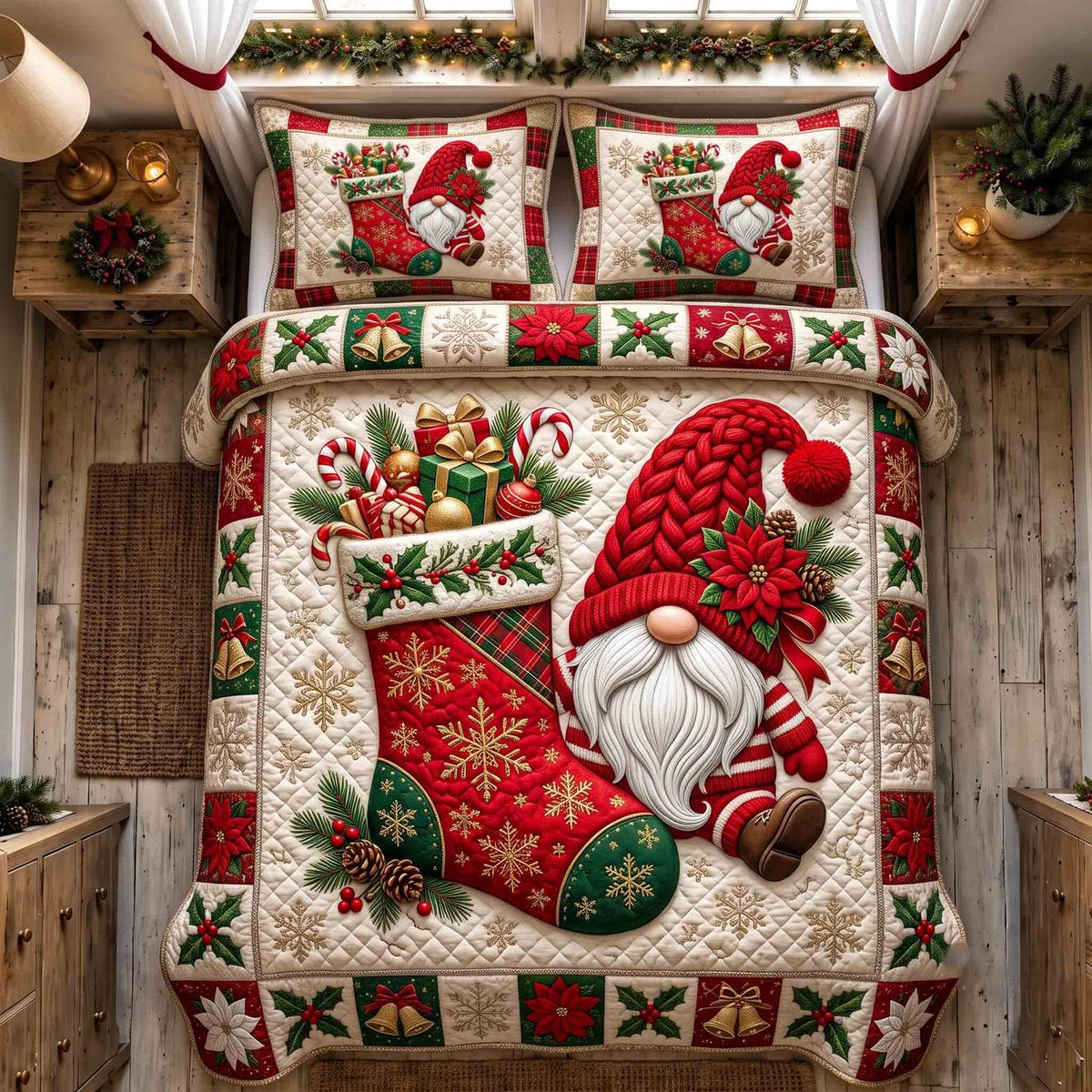 Cozy Christmas Gnome quilted 3-piece bedding set on a made bed in a winter-styled bedroom
